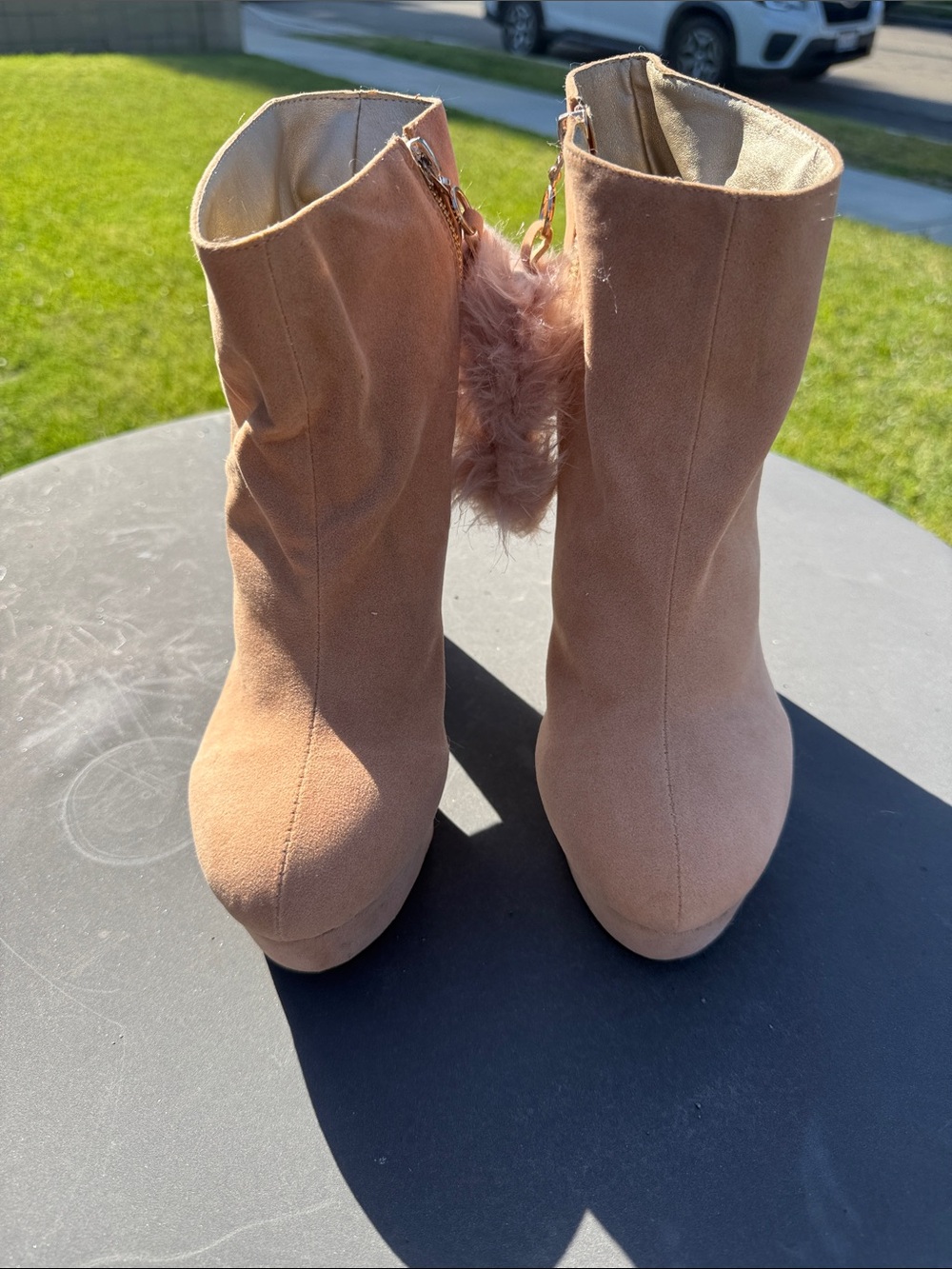 Women’s Faux Suede Ankle Boots with Pom-Pom Accent - tan